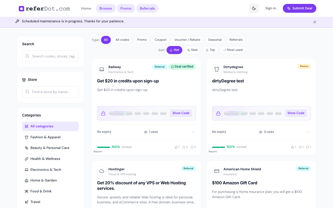 Browse page with category rail / filters (desktop).