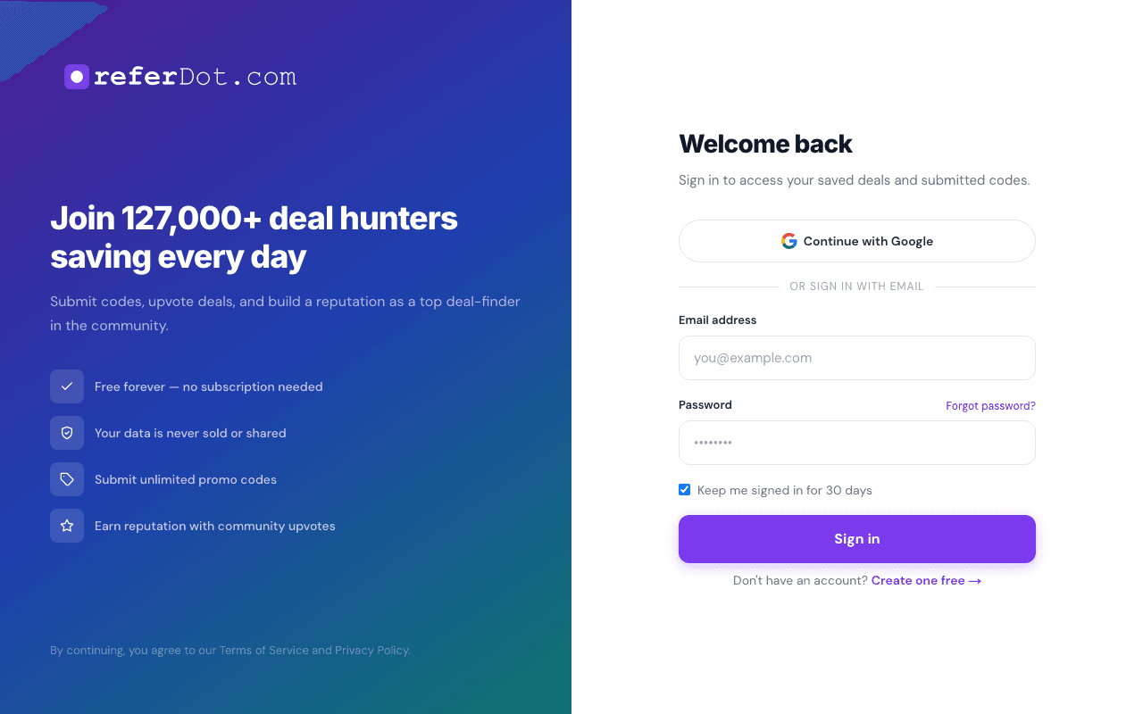Login page — email and social sign-in.