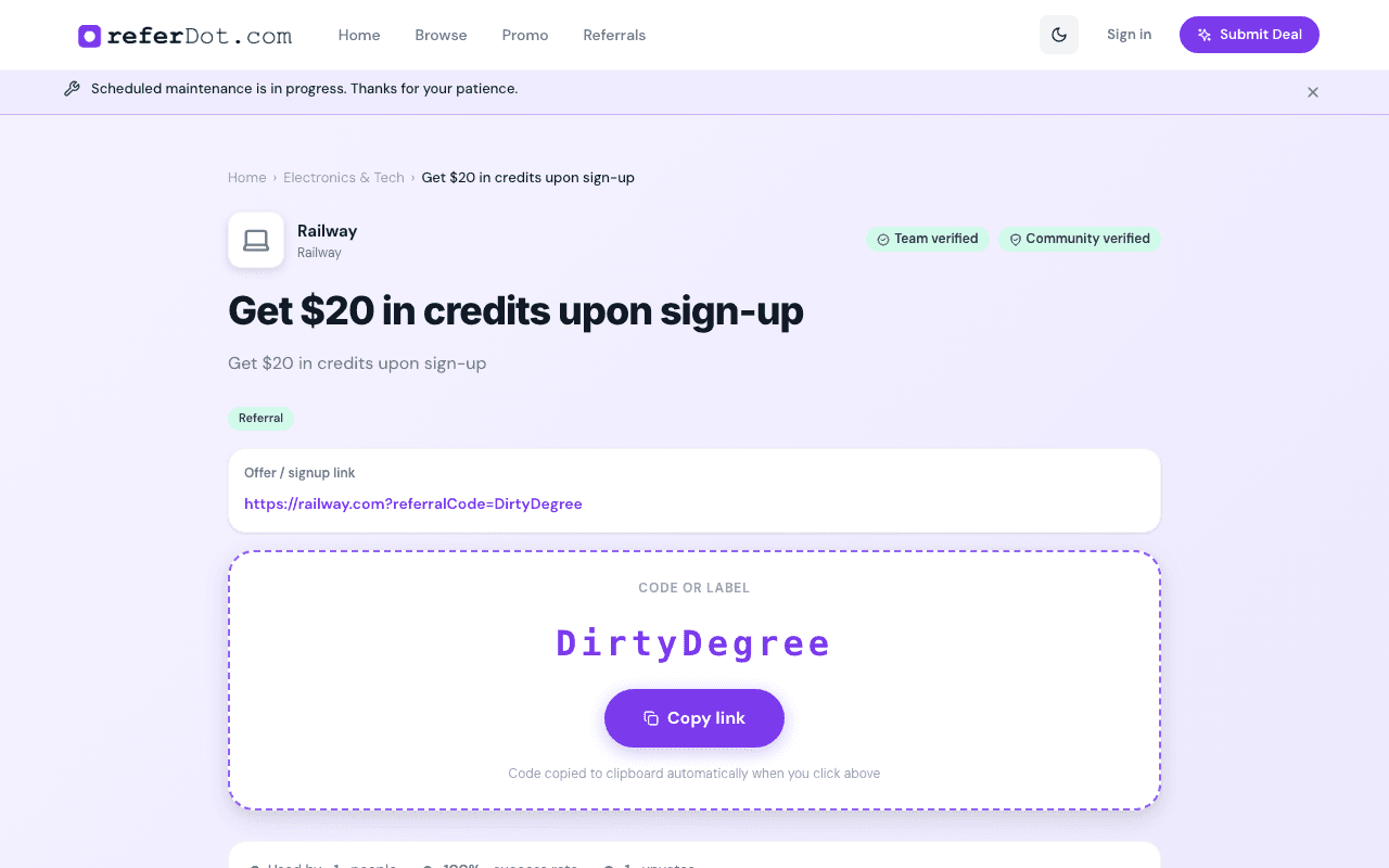 Promo detail — code field, copy button, and store link.