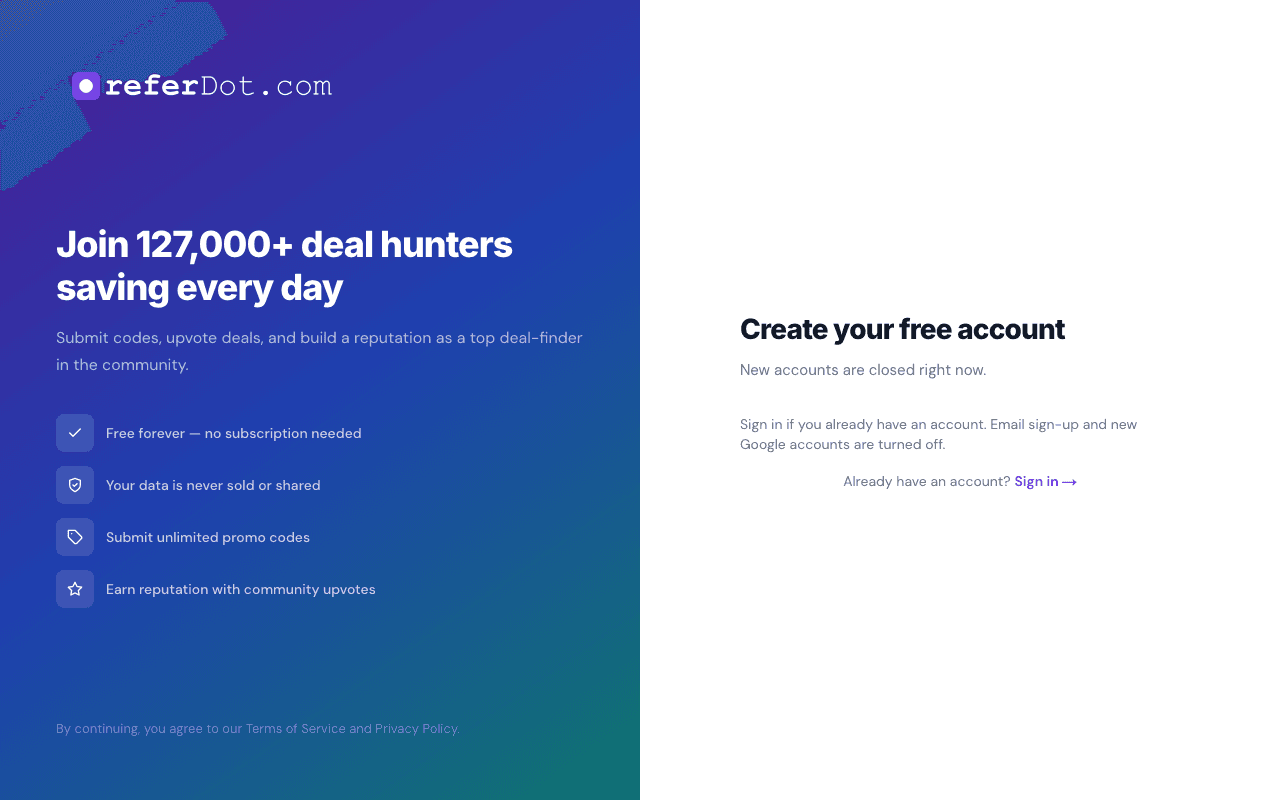 Registration — create an account to submit, save, and manage deals.