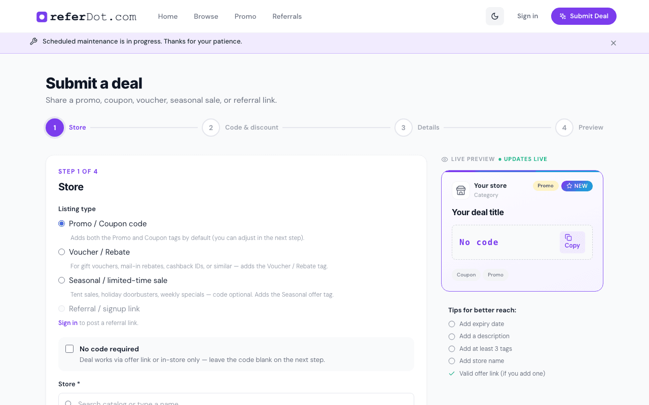 Submit — Step 1: store selection.