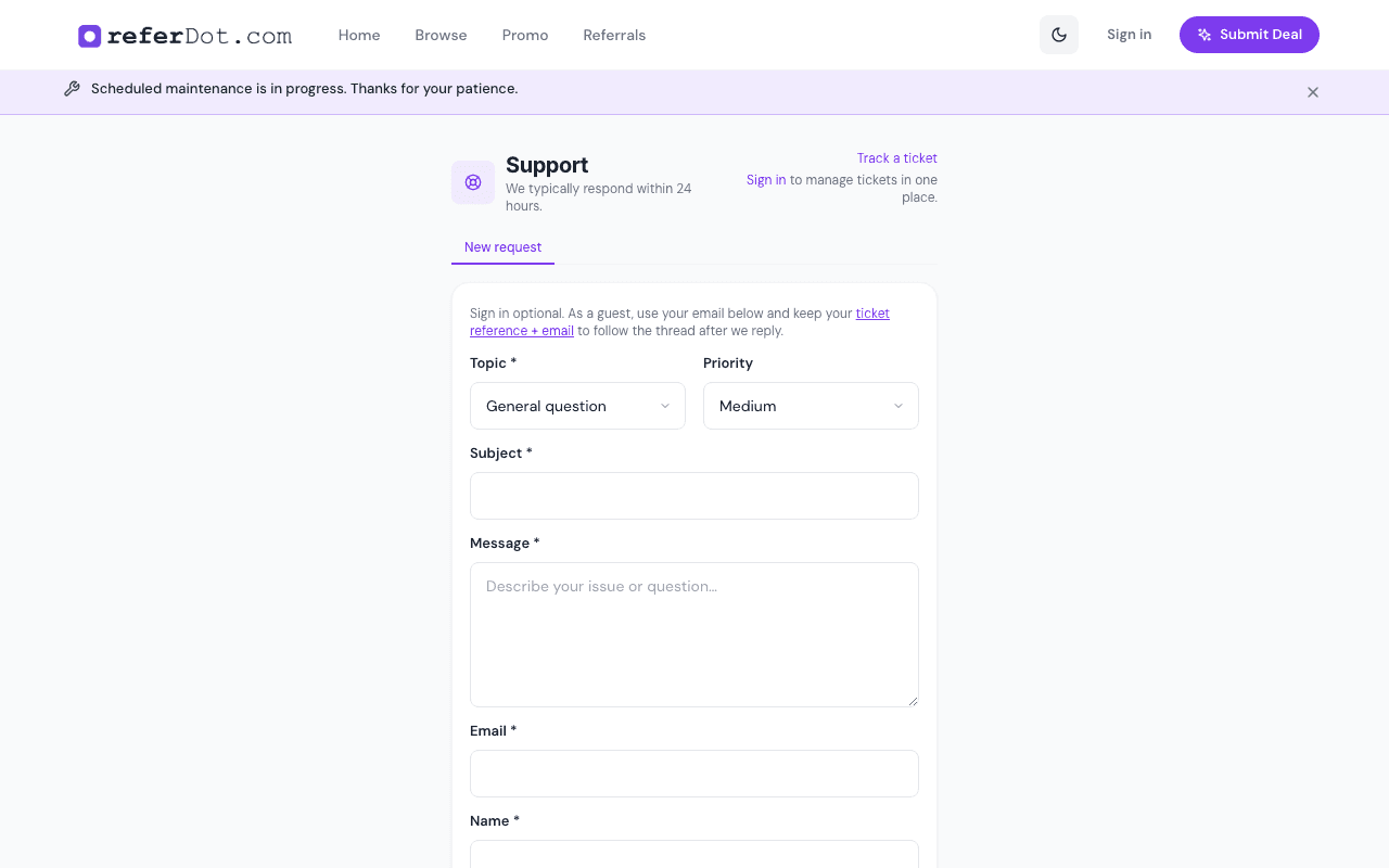 Support — new request form.